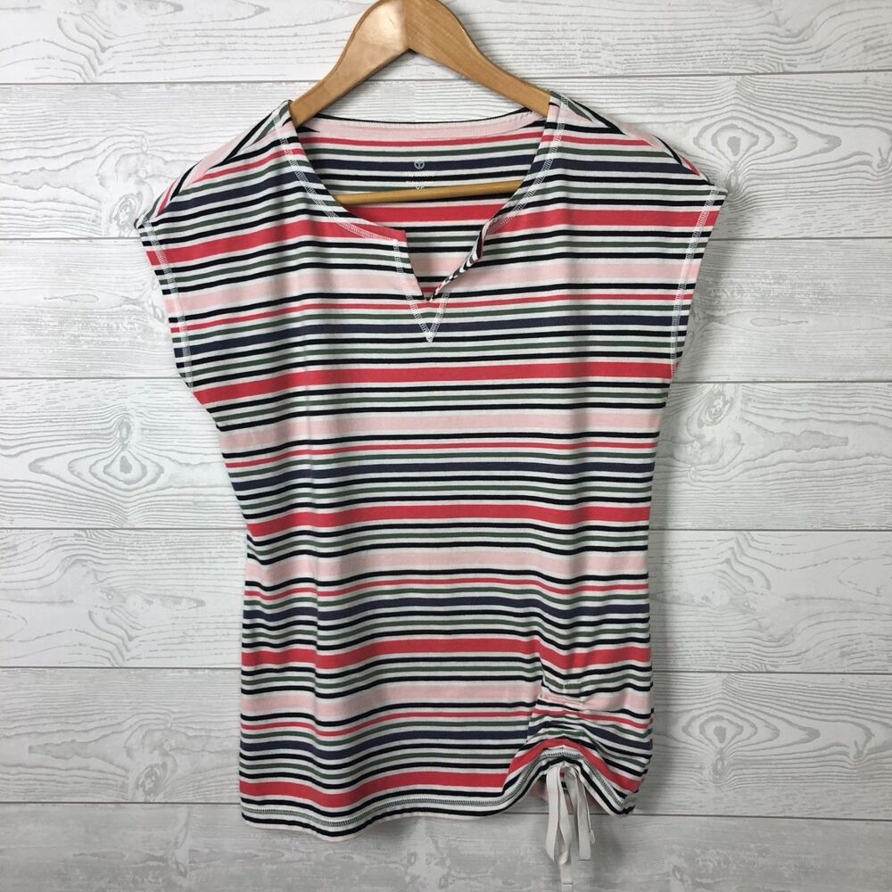 T by Talbots Womens XS Striped Cap Sleeve Tee Ruched Hem Split Neck Cotton Blend